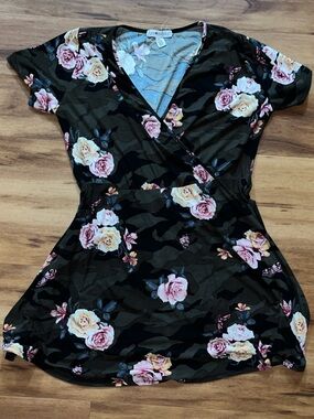 Floral Wrap Dress in Camo with Pink Roses